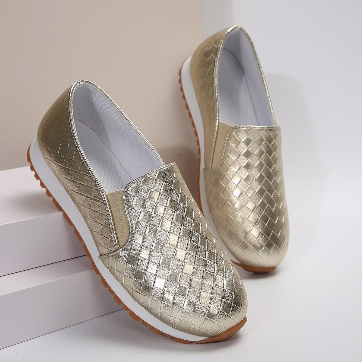 Damen Slip-On Sneakers mit glitzerndem Geflechtdesign und elastischem Komfort R&B