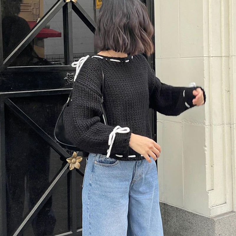 Damen lässiger Pullover mit offener Schulter und dekorativem Bindegürtel R&B