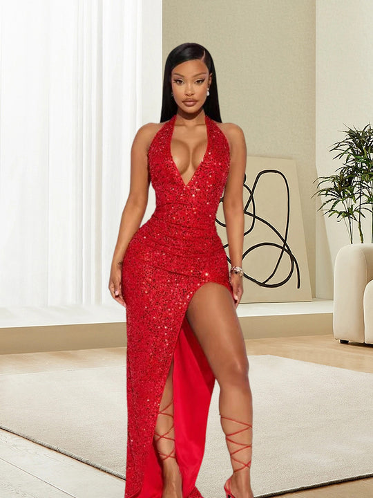 Damen Glamouröses Paillettenkleid mit tiefem V-Ausschnitt und hohem Schlitz R&B