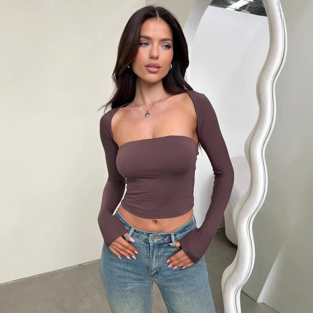 Damen Langarm Crop-Top mit körpernahem Schnitt und weitem Ausschnitt R&B