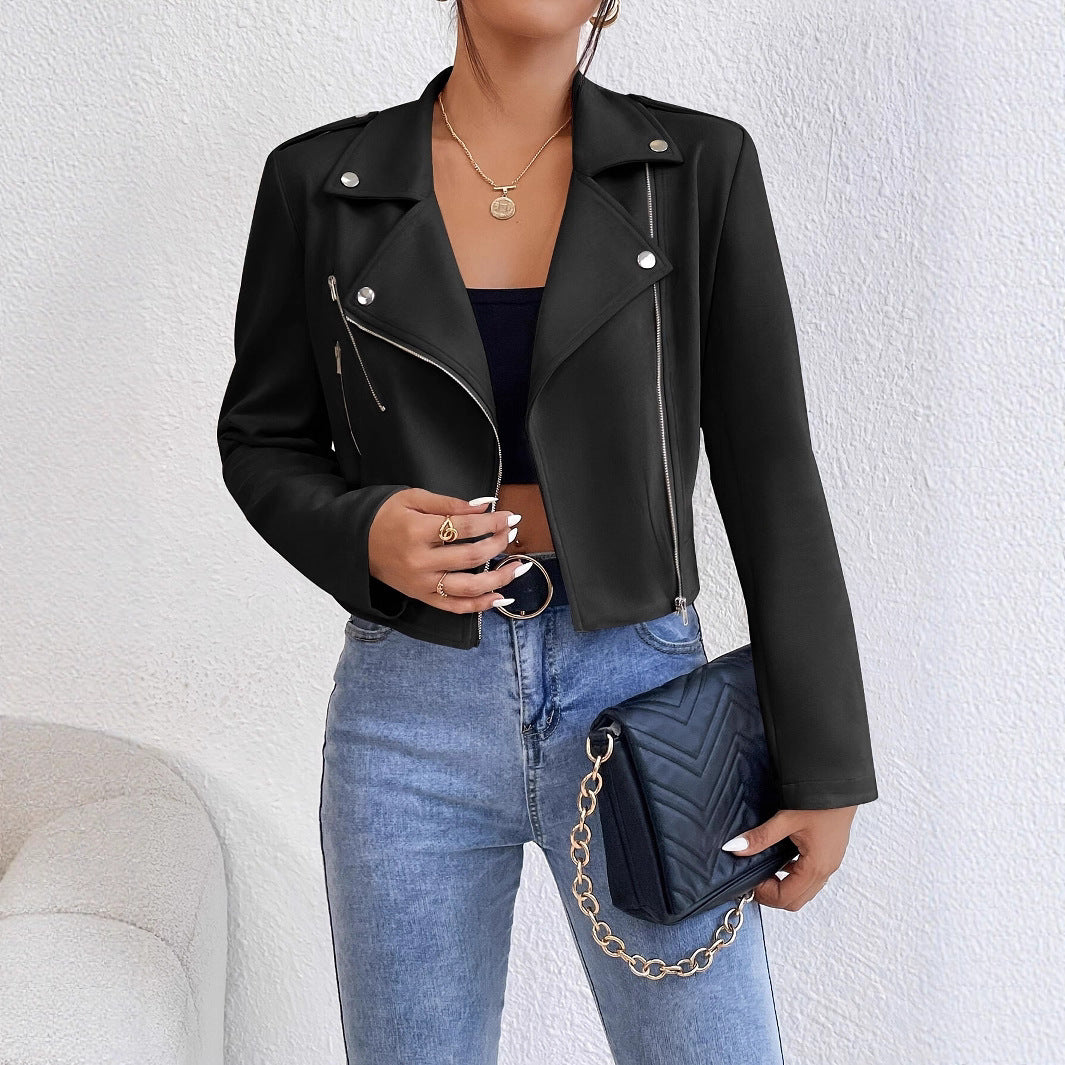 Damen Stylische Kunstjacke im Biker-Stil mit asymmetrischem Reißverschluss R&B