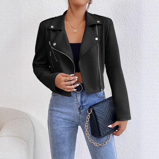 Damen Stylische Kunstjacke im Biker-Stil mit asymmetrischem Reißverschluss R&B