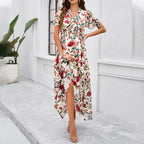 Damen Midi-Kleid mit floraler Raffung und elegantem V-Ausschnitt R&B