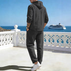 Herren nan entspannter Kapuzen-Henley Freizeitanzug aus leichter Baumwollmischung in Leinenoptik mit Kordelzug und elastischer Bundhose R&B