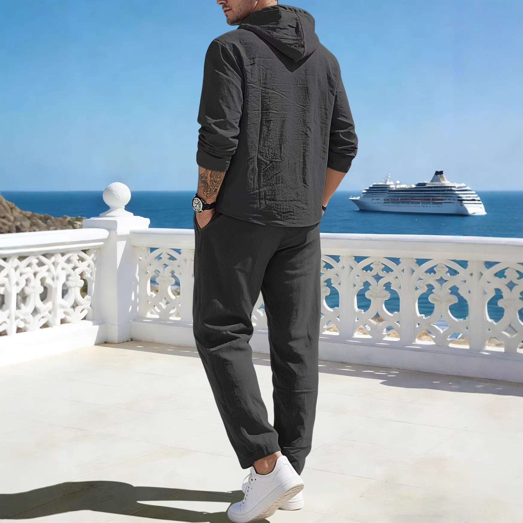 Herren nan entspannter Kapuzen-Henley Freizeitanzug aus leichter Baumwollmischung in Leinenoptik mit Kordelzug und elastischer Bundhose R&B