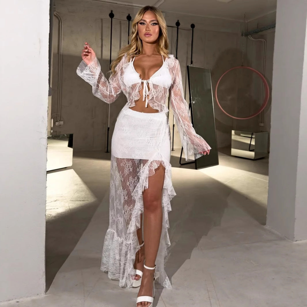 Damen Transparente Bluse mit Rüschenärmel und frechem BindR&Band R&B