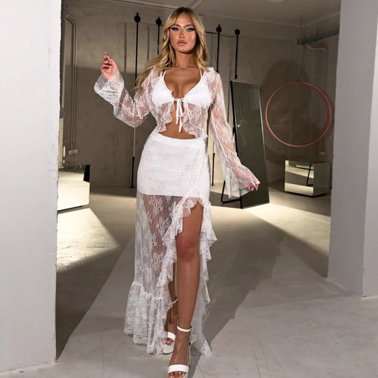 Damen Transparente Bluse mit Rüschenärmel und frechem Bindeband R&B
