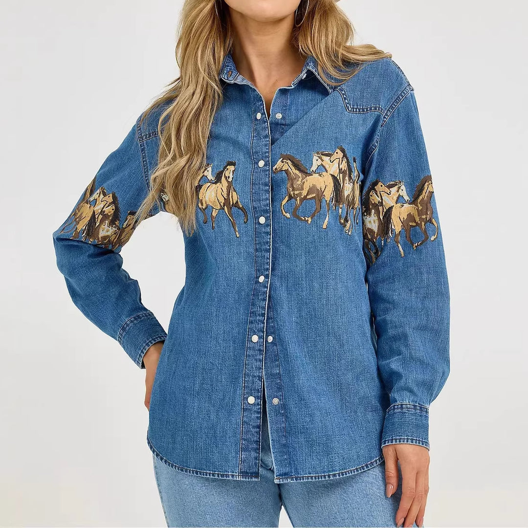 Damen Jeanshemd mit kreativem Pferdemotiv und hochwertiger Baumwollmischung R&B