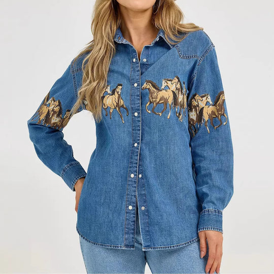 Damen Jeanshemd mit kreativem Pferdemotiv und hochwertiger Baumwollmischung R&B