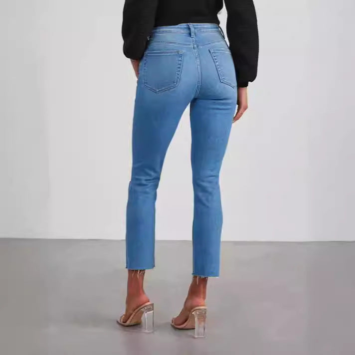 Damen modische High-Waist Jeans mit lässigem Destroyed-Look R&B