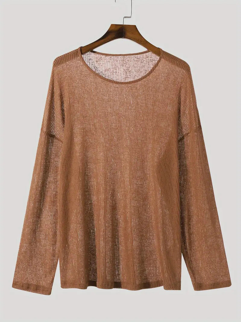 Damen nan locker fallendes Langarm-Feinstrickshirt mit feinem Rippenmuster und Rundhalsausschnitt R&B