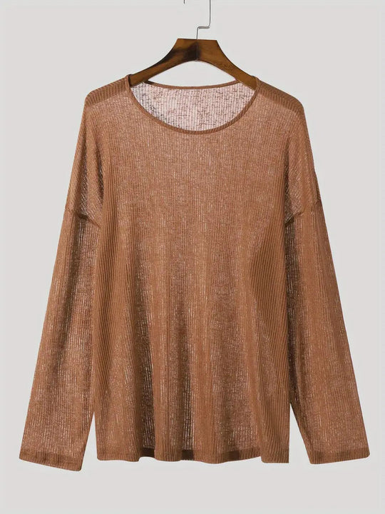 Damen nan locker fallendes Langarm-Feinstrickshirt mit feinem Rippenmuster und Rundhalsausschnitt R&B