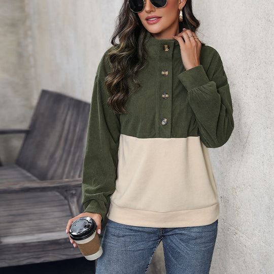 Damen gemütlicher Oversized Pullover mit Knopfleiste und farblich abgesetztem Design R&B