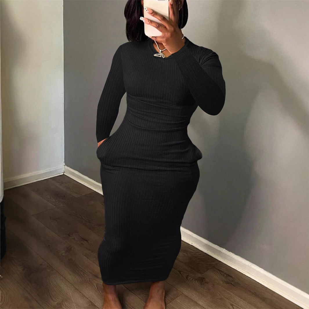 Damen Figurbetontes Rippkleid mit langem Arm und eleganter Silhouette R&B