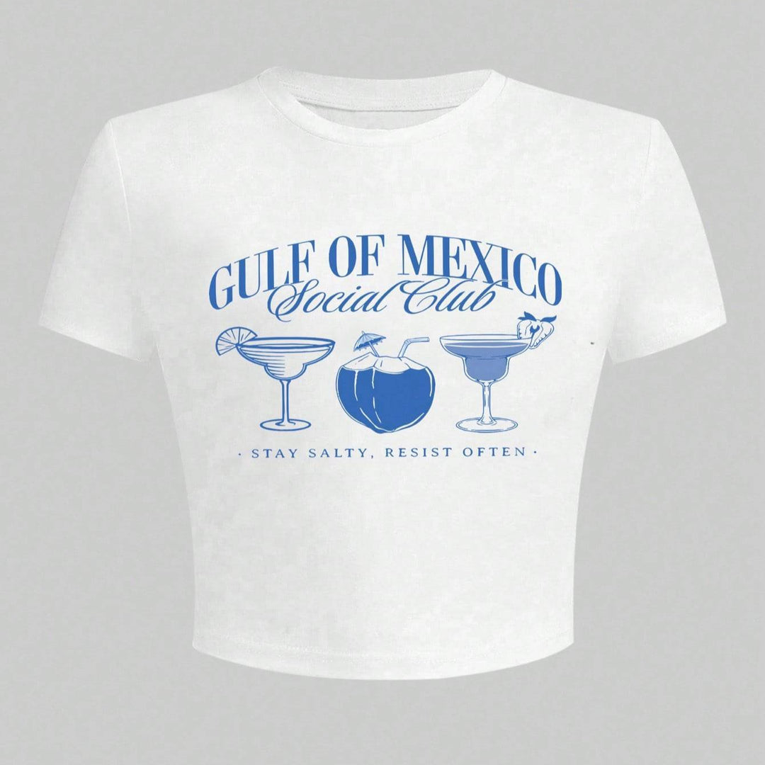 Damen Crop-T-Shirt mit kreativem Cocktail-Motiv und modernem Schriftzug R&B