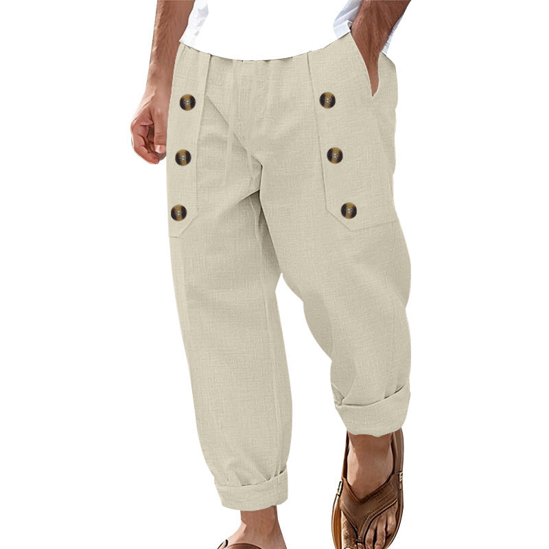 Herren lässige Leinen-Cargo-Hose mit praktischen Knöpfen und seitlichen Taschen R&B