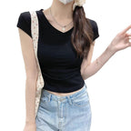Damen Cropped T-Shirt mit V-Ausschnitt und figurbetontem Schnitt