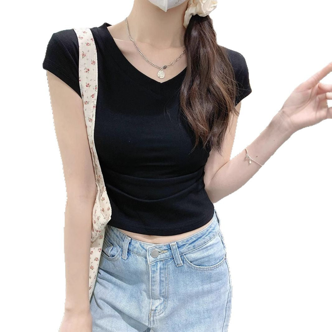 Damen Cropped T-Shirt mit V-Ausschnitt und figurbetontem Schnitt