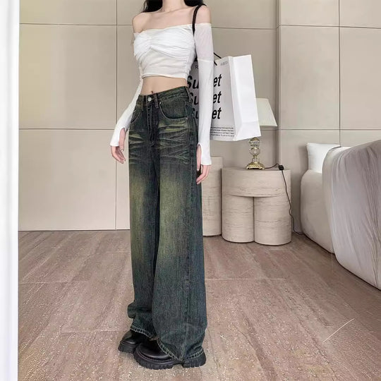 Damen weite Denim-Hose mit modernem High-Waist Schnitt und einzigartiger Waschung R&B
