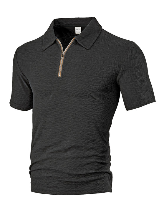 Herren nan schmal geschnittenes Halbzip-Polo mit feiner Fischgrät-Jacquardstruktur R&B