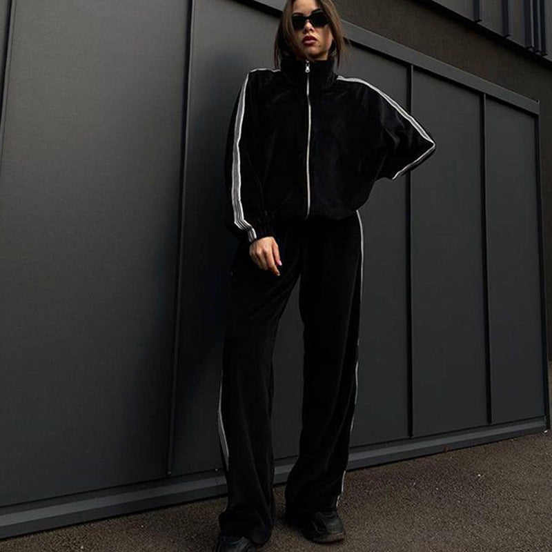 Damen sportliches Fleece-Loungewear-Set mit hohem Kragen und elastischem Bund R&B