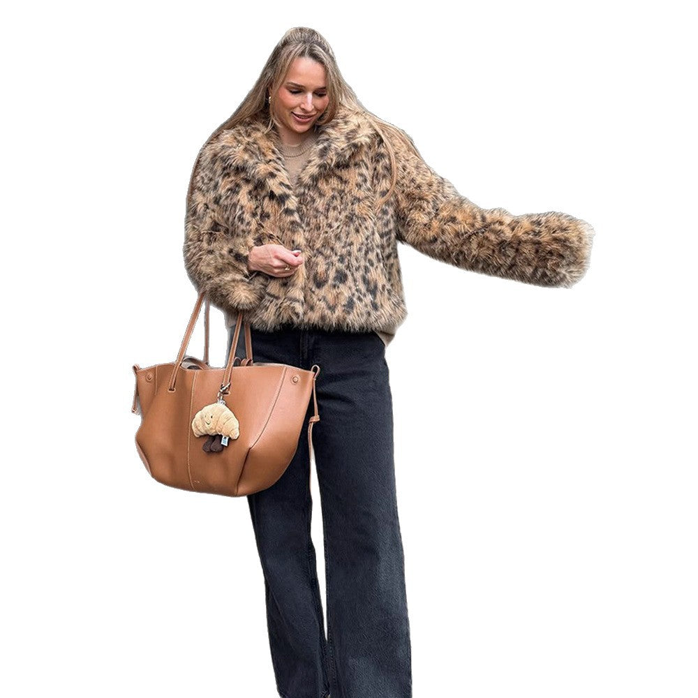 Damen Kurze Felljacke mit Leopardenmuster R&B