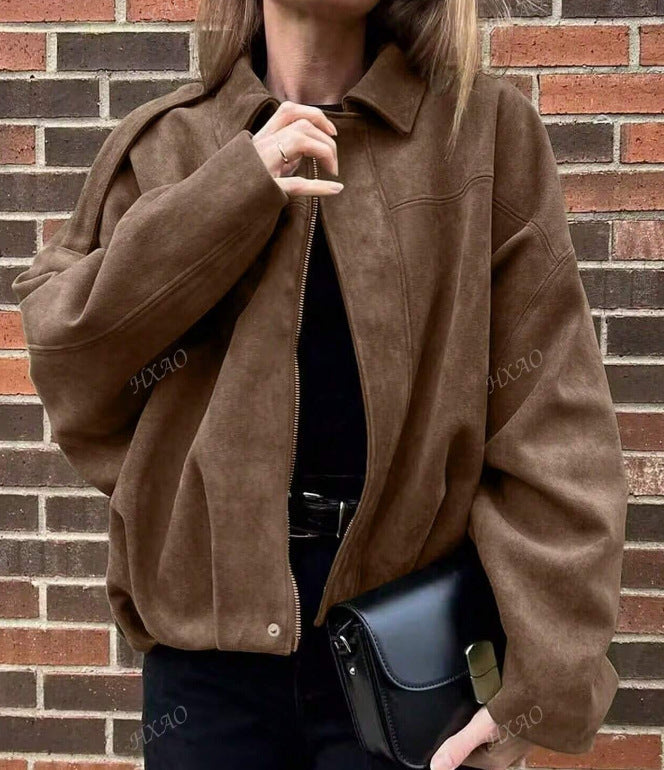 Damen Oversized Freizeitjacke aus hochwertigem Wildlederimitat mit dekorativen Details R&B