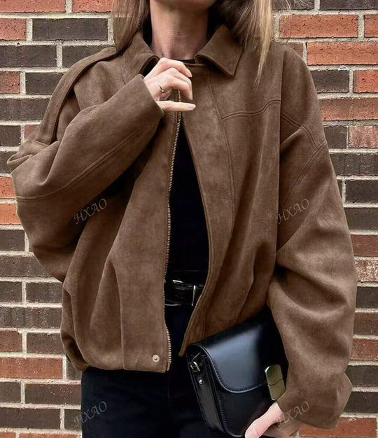 Damen Oversized Freizeitjacke aus hochwertigem Wildlederimitat mit dekorativen Details R&B