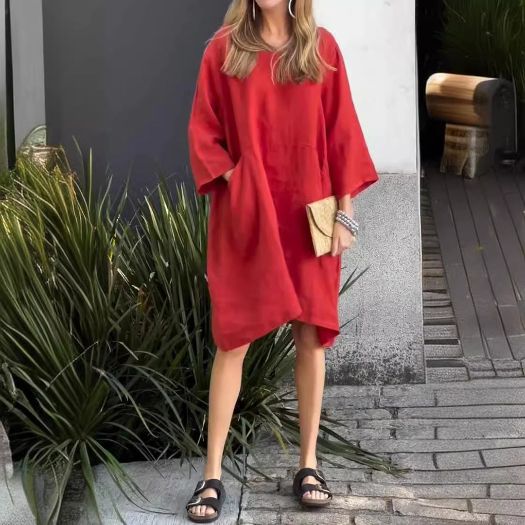 Damen lässiges Leinenkleid mit praktischen Taschen und asymmetrischem Saum R&B