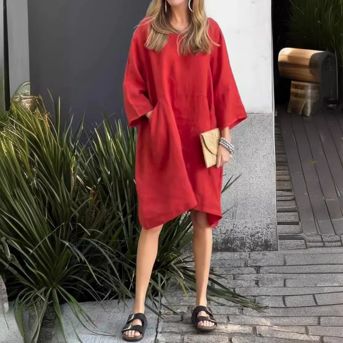 Damen lässiges Leinenkleid mit praktischen Taschen und asymmetrischem Saum R&B