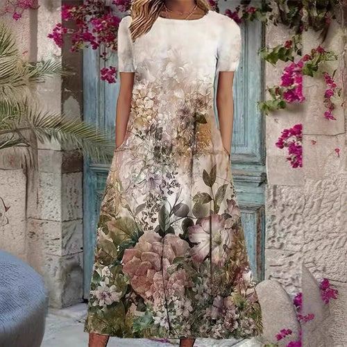 Damen Elegantes Maxikleid mit floralem Design und zartem Rundhalsausschnitt R&B