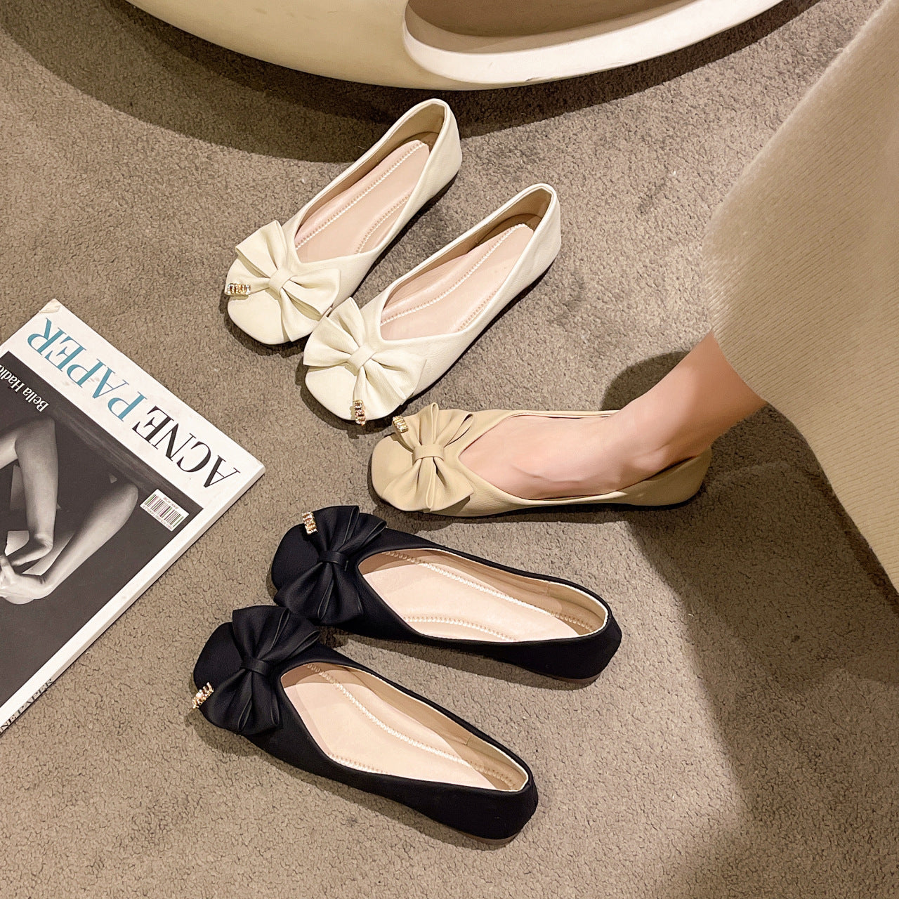 Damen elegante Ballerinas mit Schleifen-Detail und funkelndem Schmuck R&B