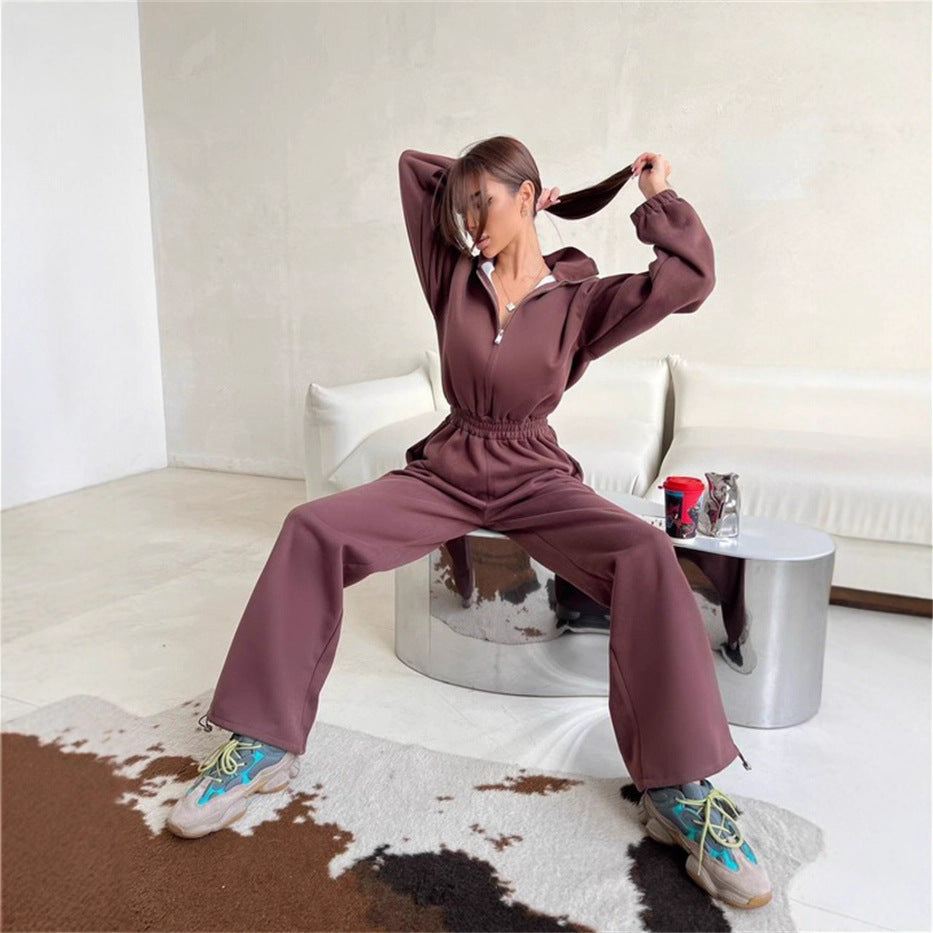 Damen sportlicher Fleece-Loungewear-Anzug mit hohem Kragen und elastischem Bund R&B