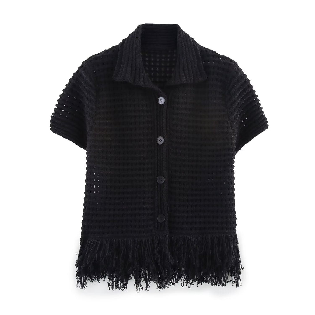 Damen Kurzarm-Strickjacke mit fransigem Saum und dekorativen Knöpfen R&B