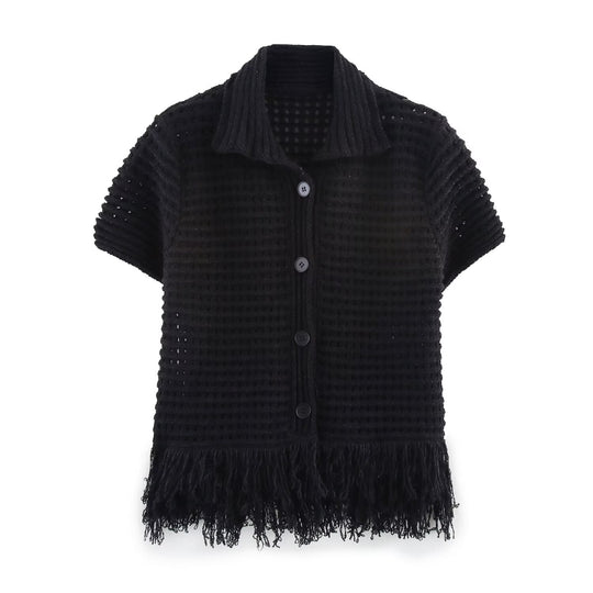 Damen Kurzarm-Strickjacke mit fransigem Saum und dekorativen Knöpfen R&B