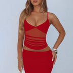 Damen Spaghetti-Träger Blusenoberteil mit transparenter Drapierung R&B
