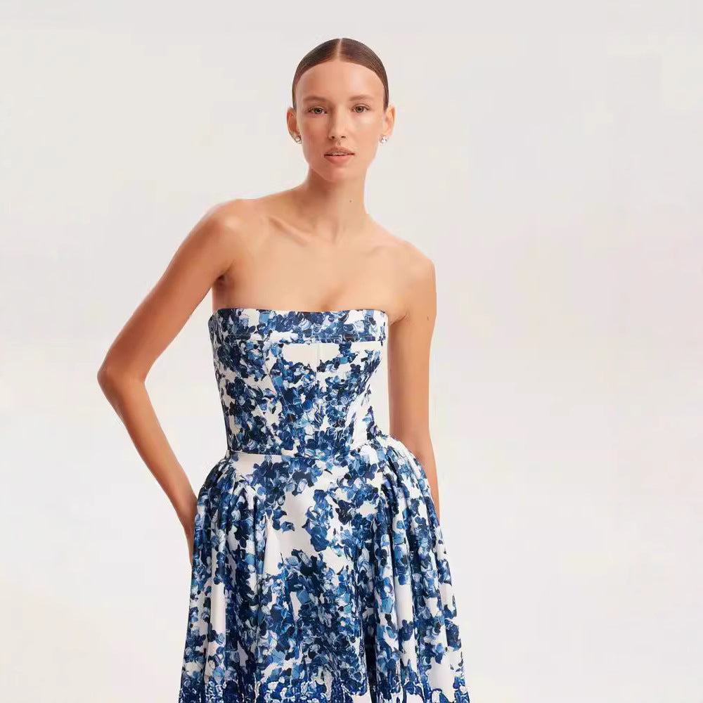 Damen Elegantes Blütenmuster-Maxikleid mit schulterfreiem Design R&B