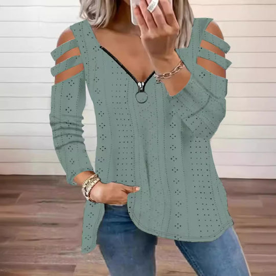 Damen modisches Oberteil mit Cut-Out-Ärmeln und tiefem V-Ausschnitt R&B