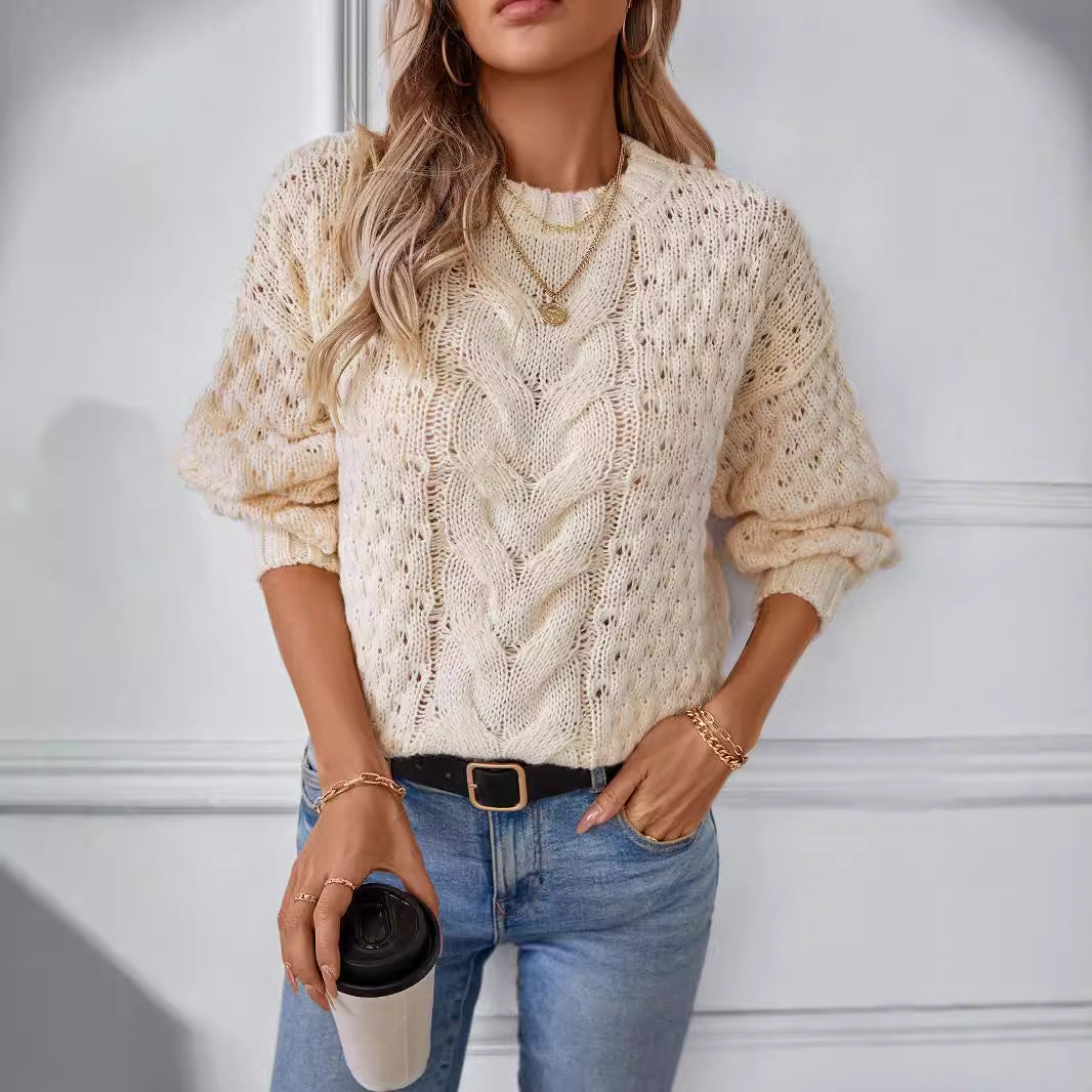 Damen gemütlicher Strickpullover mit strukturiertem Zopfmuster und lässigem Schnitt R&B