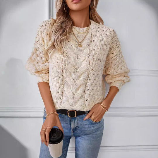 Damen gemütlicher Strickpullover mit strukturiertem Zopfmuster und lässigem Schnitt R&B