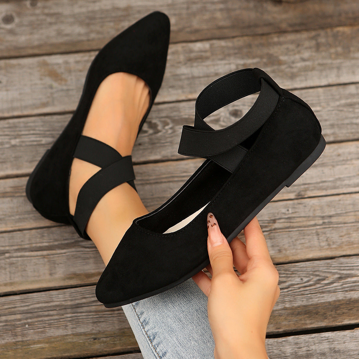 Damen Ballerina-Schuhe mit elastischen Kreuzbändern und rutschfester Sohle R&B