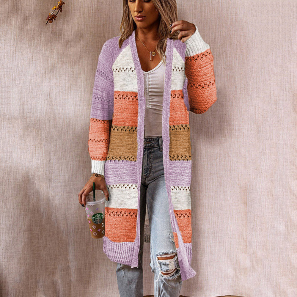 Damen Langer Strickcardigan mit kunstvollem Streifenmuster und luftiger Struktur R&B
