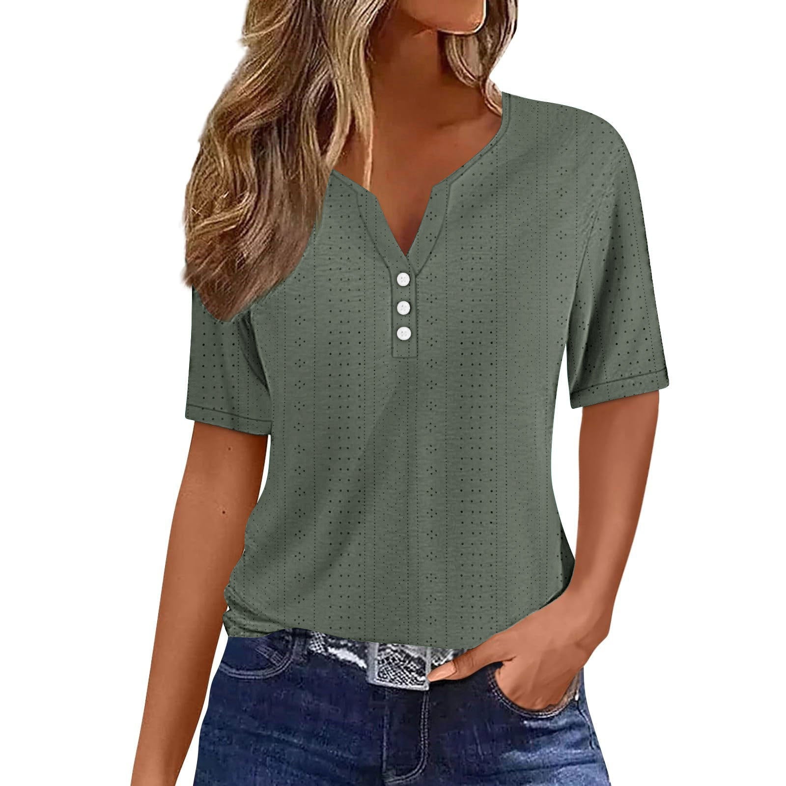 Damen Komfortables Kurzarmshirt mit Knopfdetails R&B