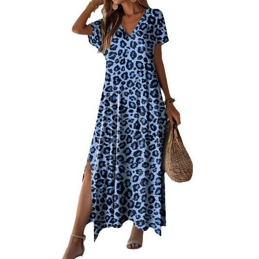 Damen Maxikleid Im Trendigen Animal-Print mit Modernem V-Ausschnitt und Seitlichen Schlitzen R&B
