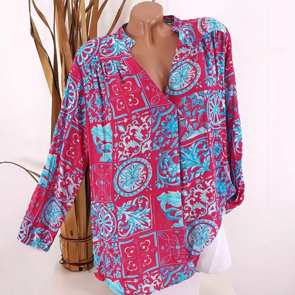 Damen nan Viskose-Tunika-Bluse mit V-Ausschnitt, Stehkragen und gerafften Schultern R&B
