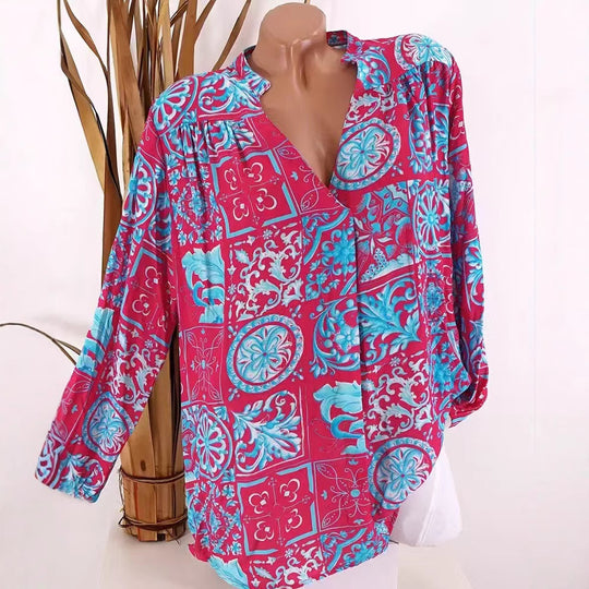 Damen nan Viskose-Tunika-Bluse mit V-Ausschnitt, Stehkragen und gerafften Schultern R&B