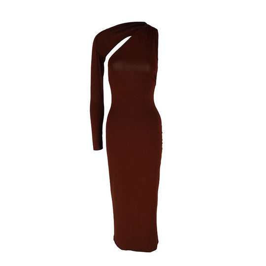 Damen Elegantes asymmetrisches Maxikleid mit einem Ärmel und figurbetonter Silhouette R&B