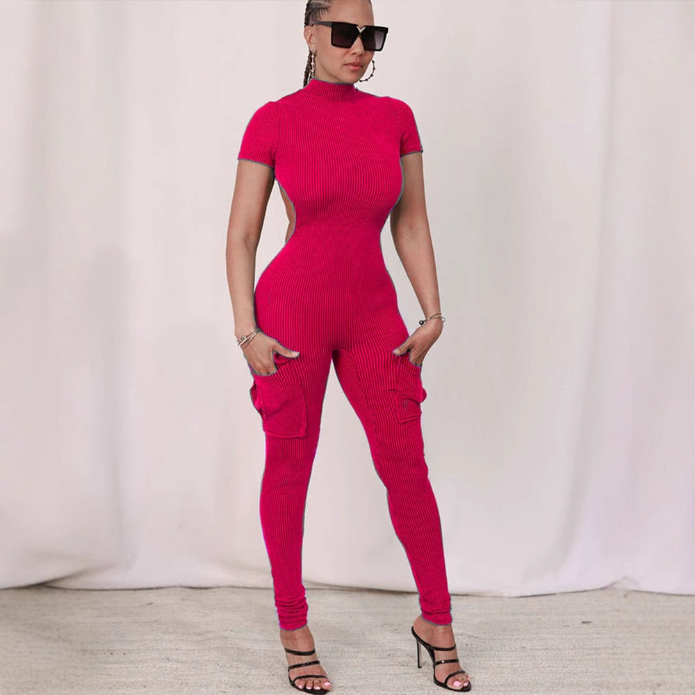Damen figurbetontes Jumpsuit mit hohem Kragen und Seitentaschen R&B