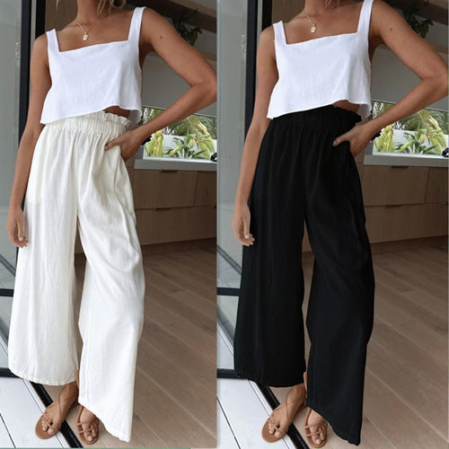 Damen luftige Palazzo-Hose mit elastischem Bund und weit geschnittenen Beinen R&B