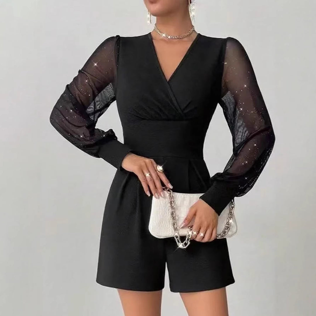 Damen eleganter Jumpsuit mit transparenten Puffärmeln und V-Ausschnitt R&B